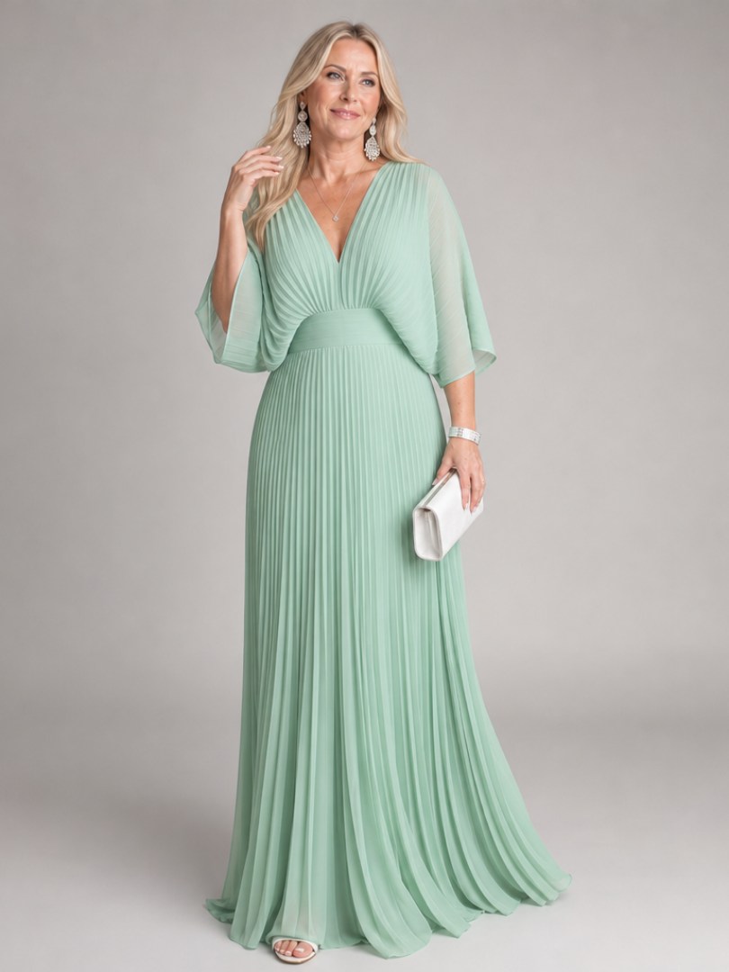 Colette — Robe longue plissée à col V et manches amples, coloris Vert d'eau