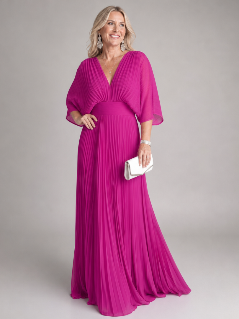Colette — Robe longue plissée à col V et manches amples, coloris Fuchsia