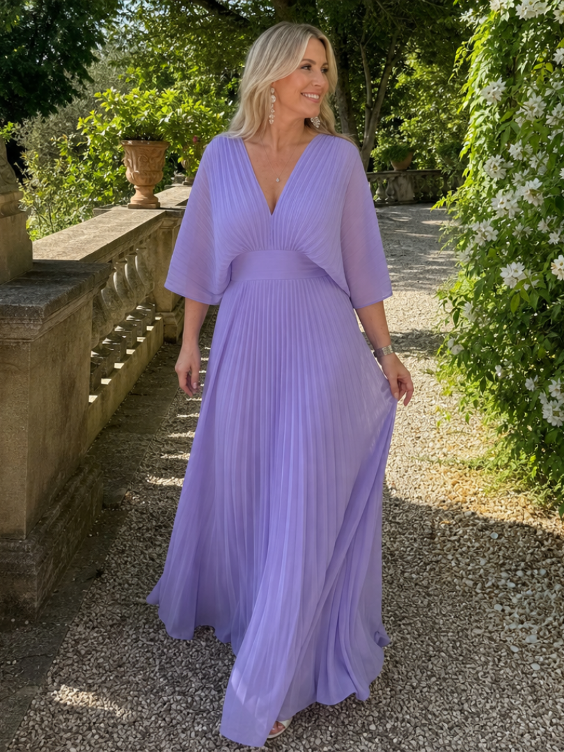 Colette — Robe longue plissée à col V et manches amples