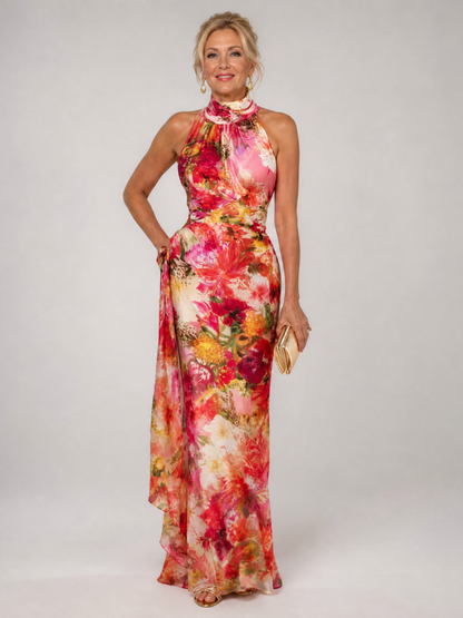 Marthe — Robe longue dos nu à grandes fleurs, coloris Corail fleuri