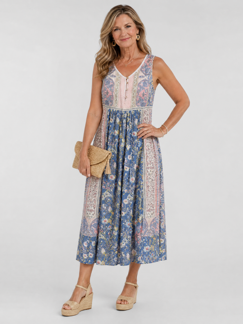Ottoline — Robe midi à panneaux imprimés, coloris Bleu à panneaux fleuris