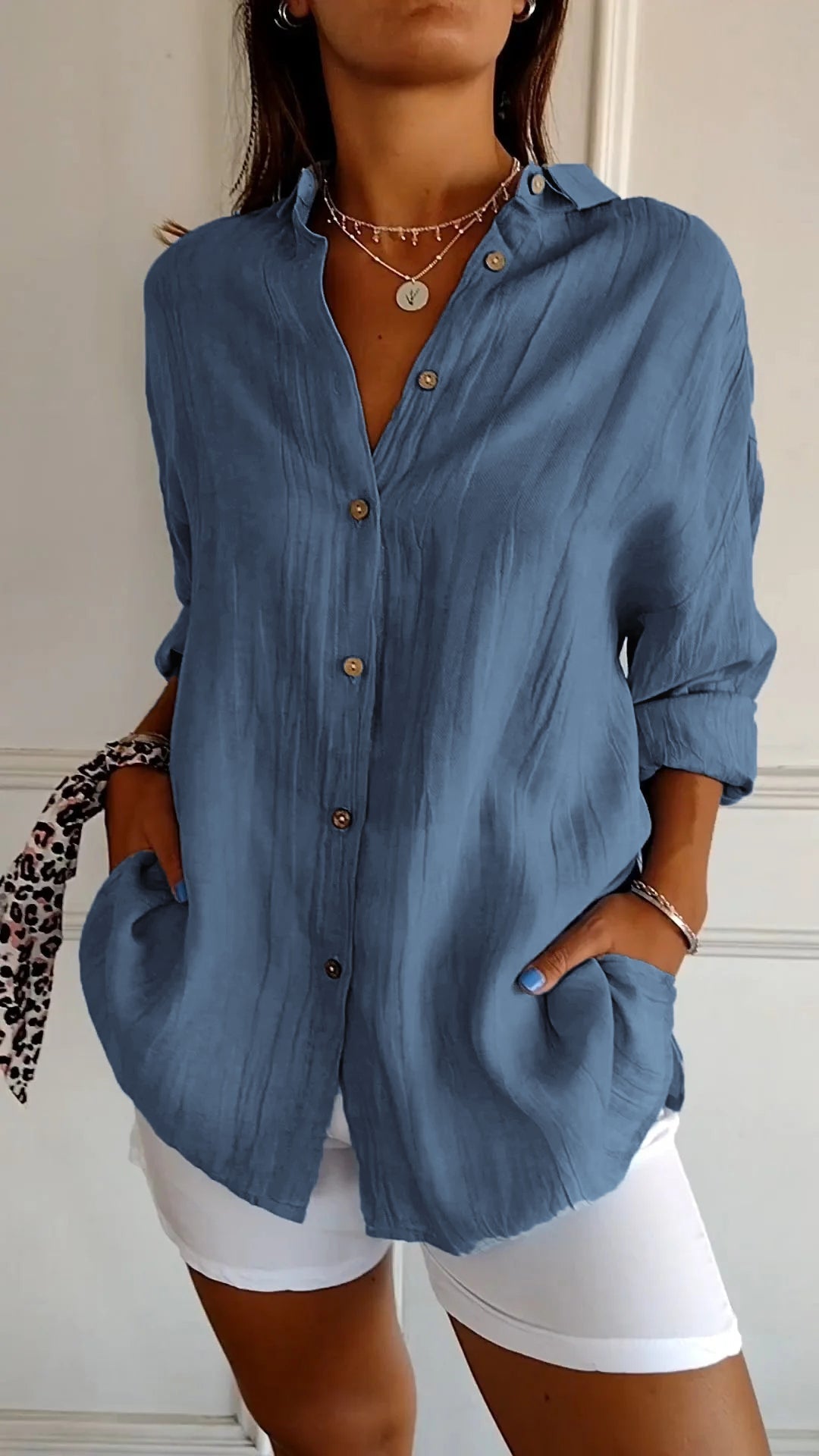 Vinciane | Chemise longue à l'aspect froissé — Bleu ardoise