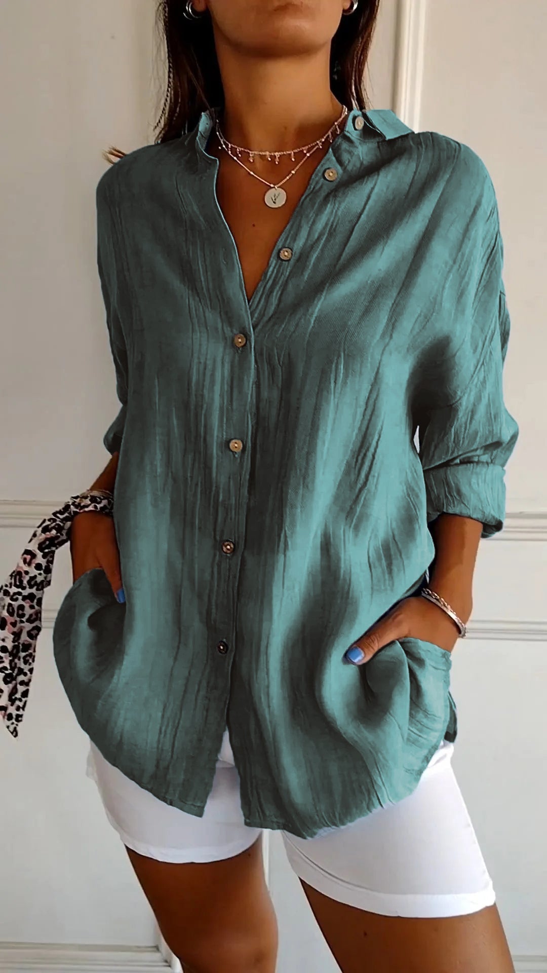 Vinciane | Chemise longue à l'aspect froissé — Vert canard