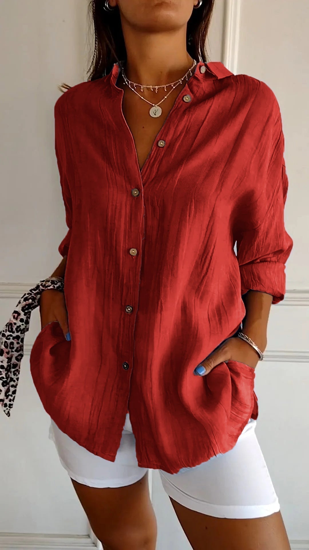 Vinciane | Chemise longue à l'aspect froissé — Rouge