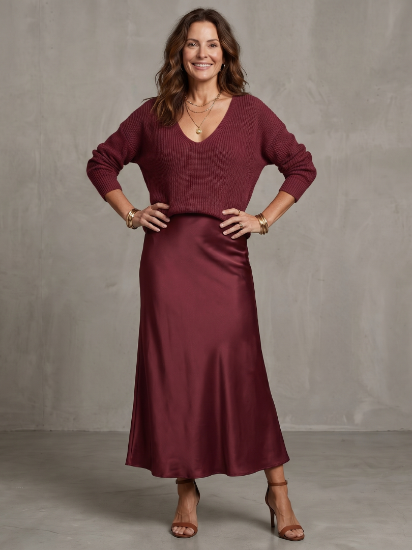 Femme portant un ensemble deux pièces avec pull en maille col V et jupe en satin, coloris bordeaux