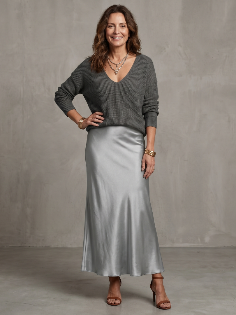 Femme portant un ensemble deux pièces avec pull en maille col V et jupe en satin, coloris gris