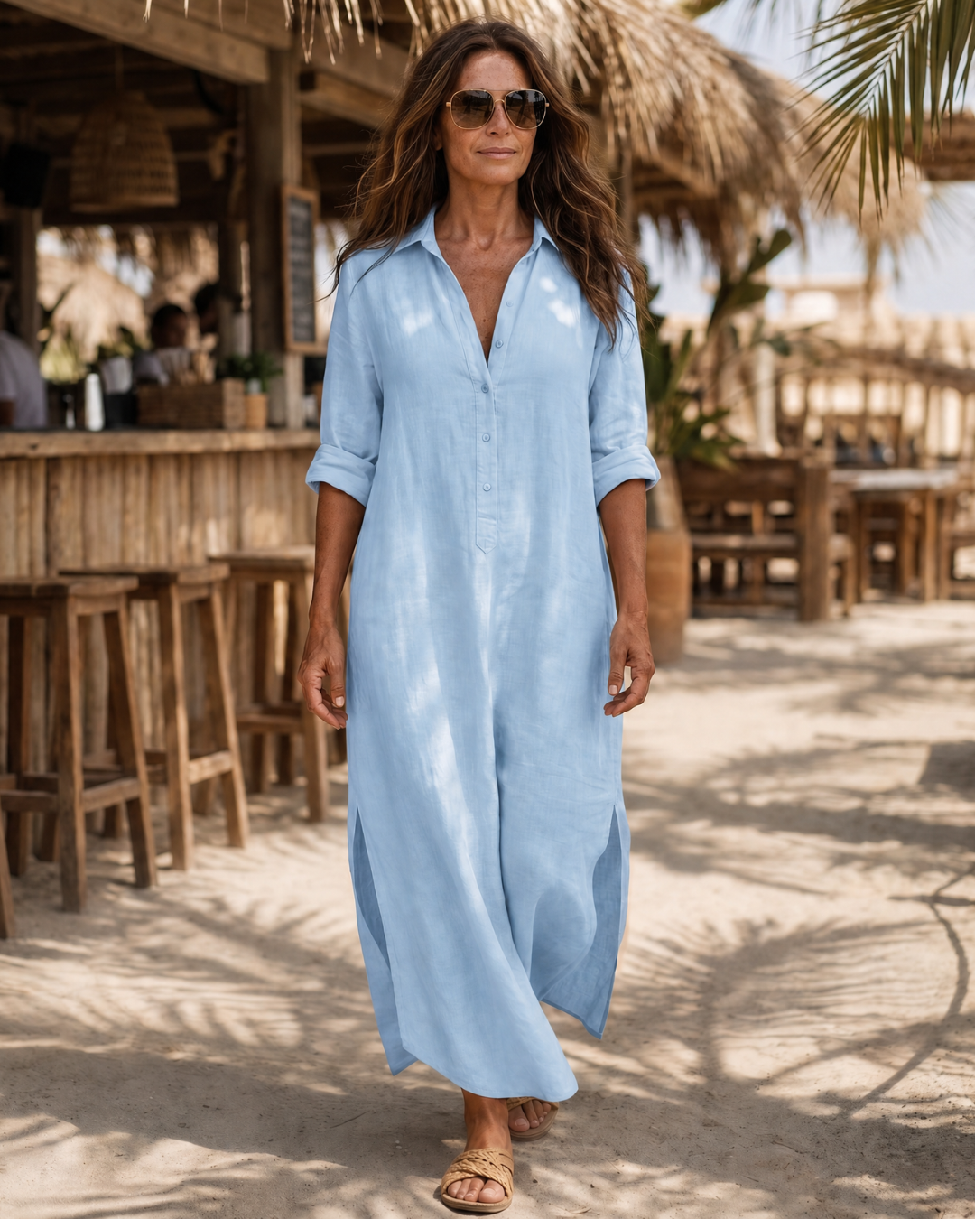 Adrienne — Robe longue chemise à col classique, coloris Bleu ciel