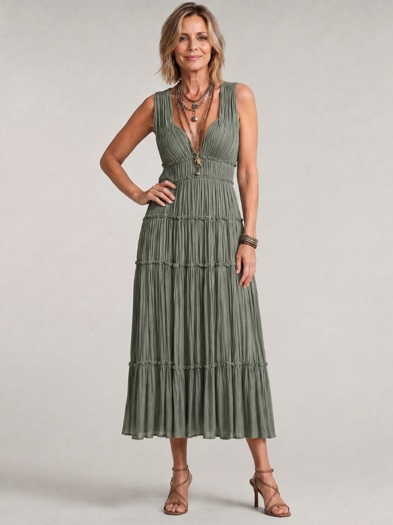 Gaétane — Robe longue froissée à volants étagés, coloris Vert kaki
