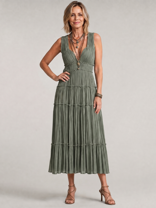 Gaétane — Robe longue froissée à volants étagés, coloris Vert kaki