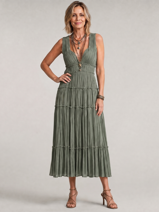 Gaétane — Robe longue froissée à volants étagés, coloris Vert kaki