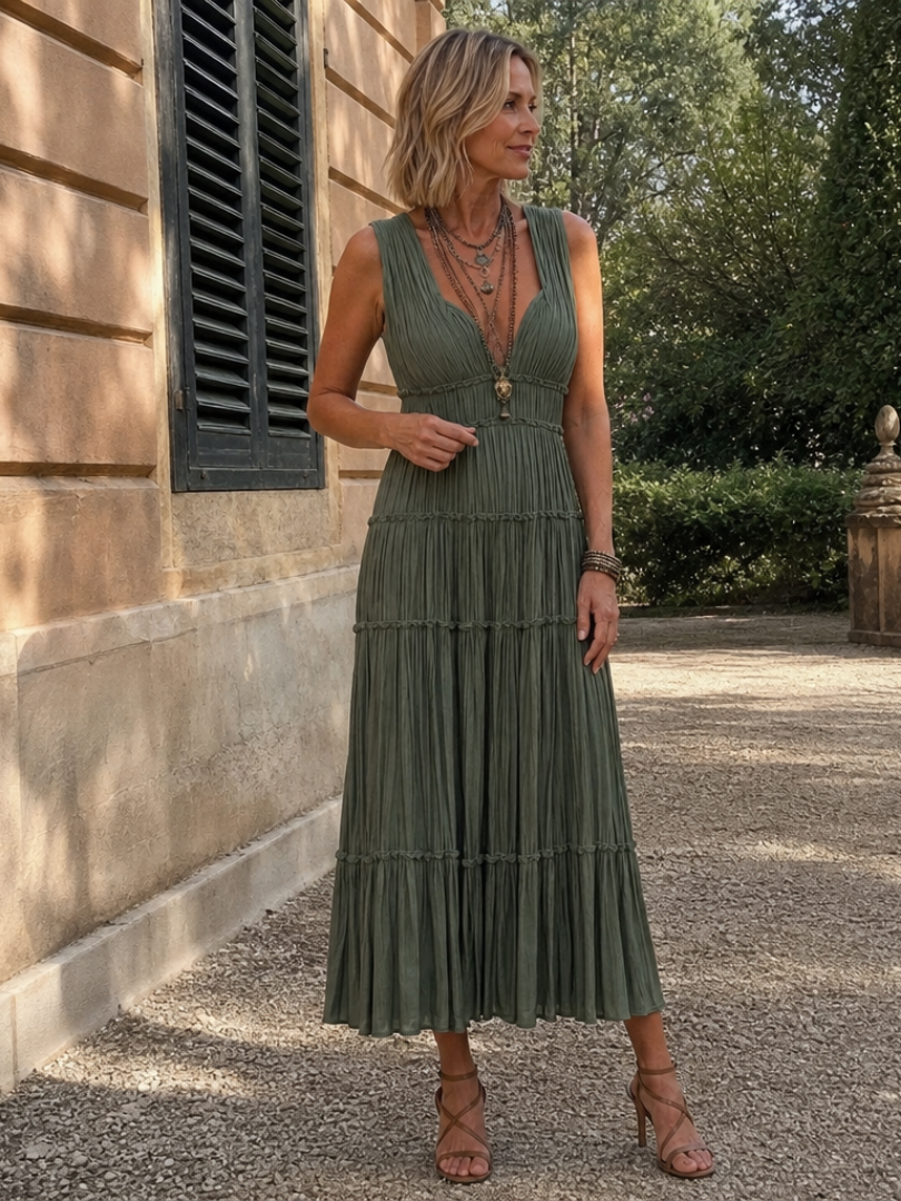 Gaétane — Robe longue froissée à volants étagés