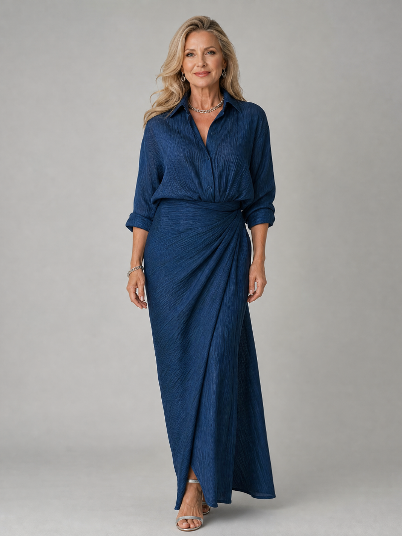 Yolande — Robe longue chemise drapée à la taille, coloris Bleu marine