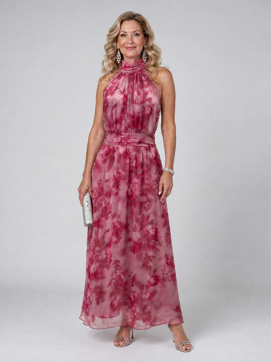 Jade — Robe longue dos nu à jupe évasée, coloris Framboise fleuri