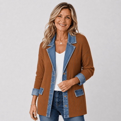 Axelle | Veste en maille à finitions en jean — Caramel