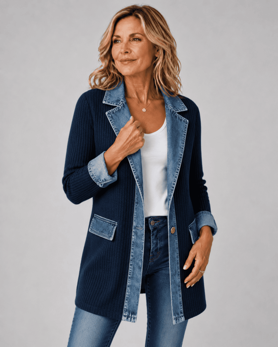Axelle | Veste en maille à finitions en jean — Bleu marine