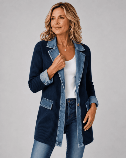 Axelle | Veste en maille à finitions en jean — Bleu marine
