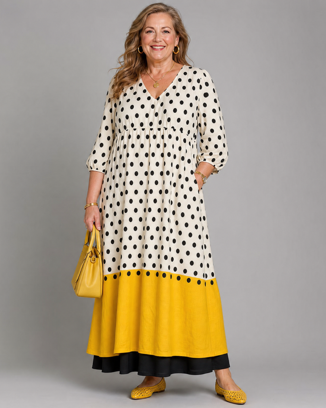 Léa — Robe longue à pois et ourlet contrasté, coloris Écru à pois