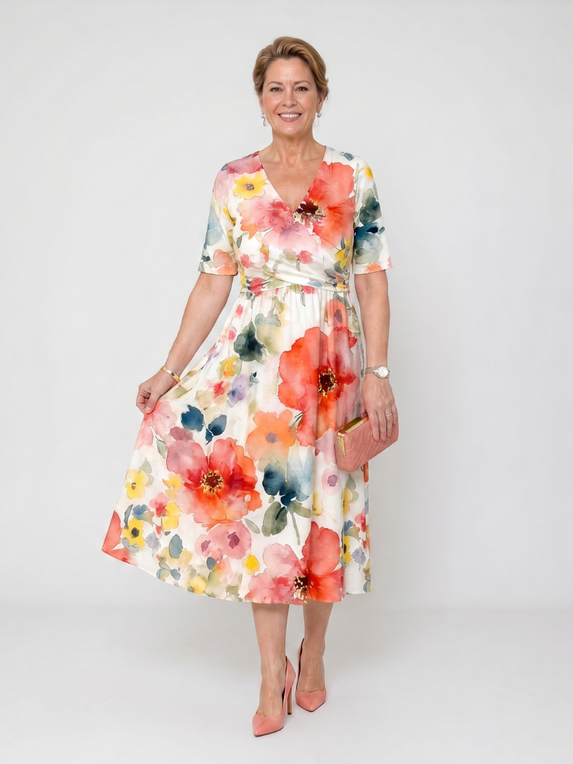 Pétronille — Robe midi aquarelle à taille froncée, coloris Écru aquarelle fleuri