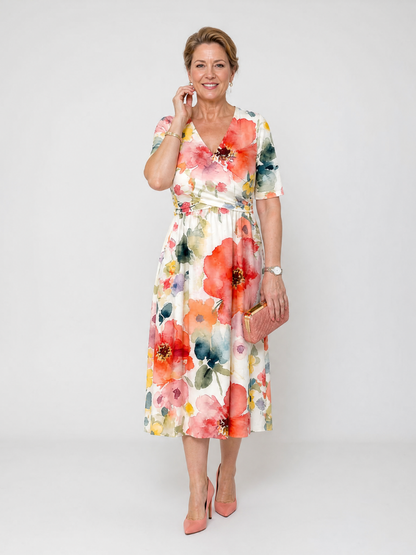 Pétronille — Robe midi aquarelle à taille froncée