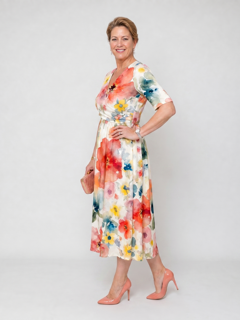 Pétronille — Robe midi aquarelle à taille froncée