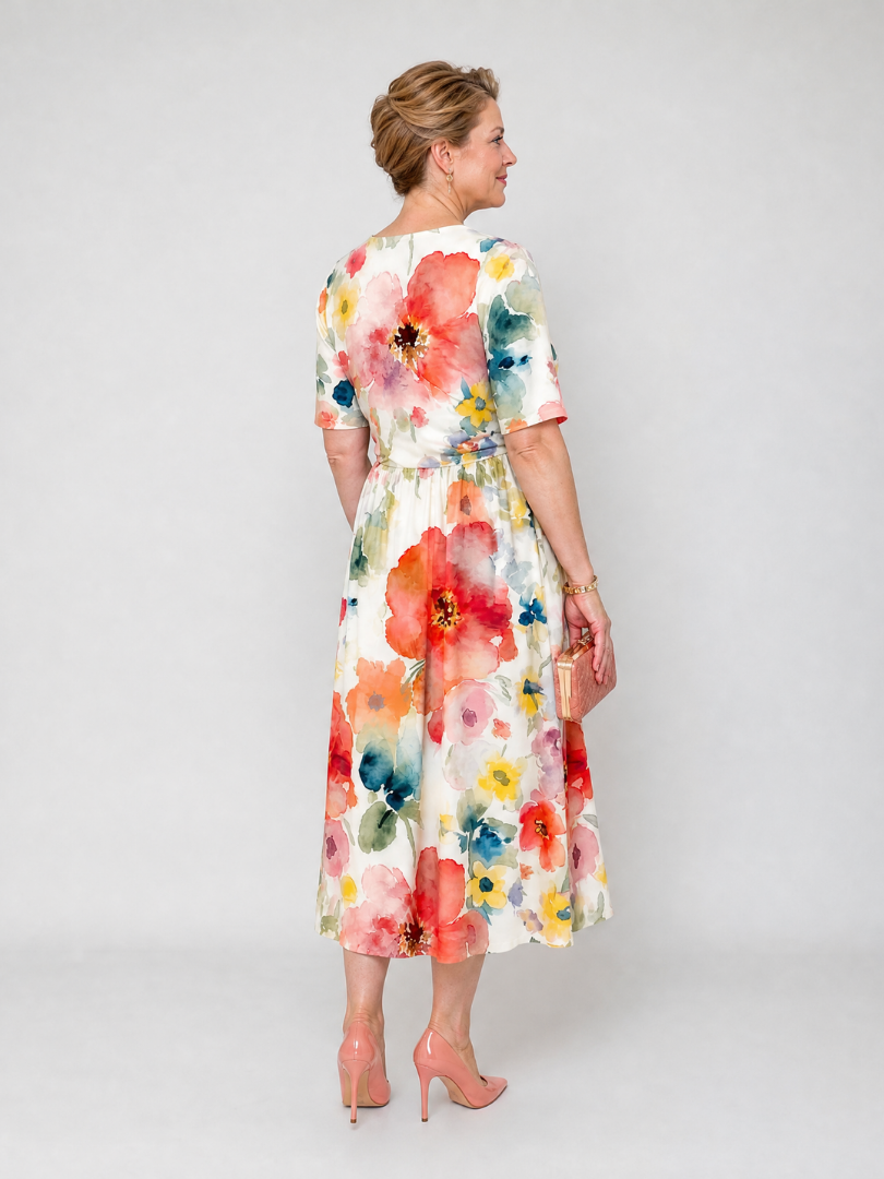 Pétronille — Robe midi aquarelle à taille froncée