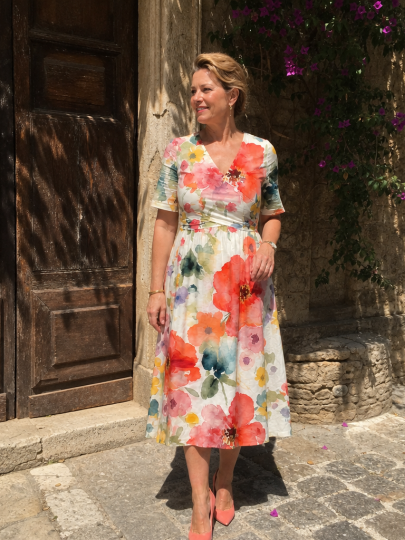 Pétronille — Robe midi aquarelle à taille froncée