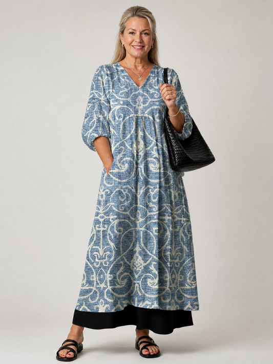 Isabelle — Robe longue à rinceaux vintage, coloris Bleu ornemental
