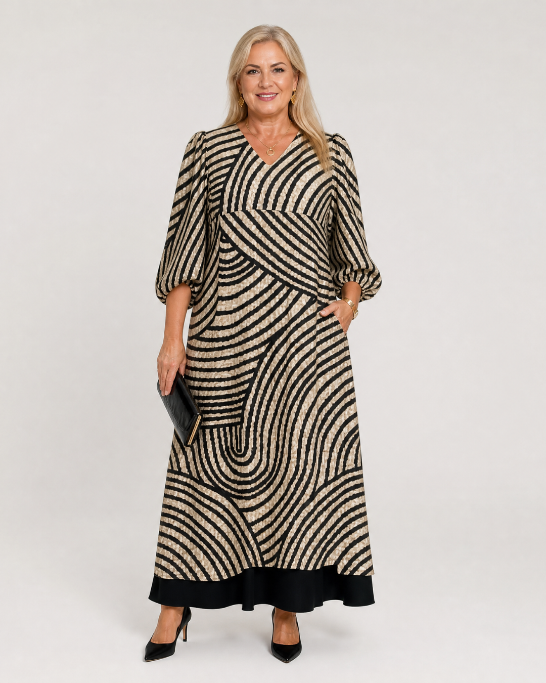 Gaëlle — Robe longue à vagues graphiques, coloris Rayures beige et noir