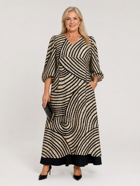 Gaëlle — Robe longue à vagues graphiques, coloris Rayures beige et noir