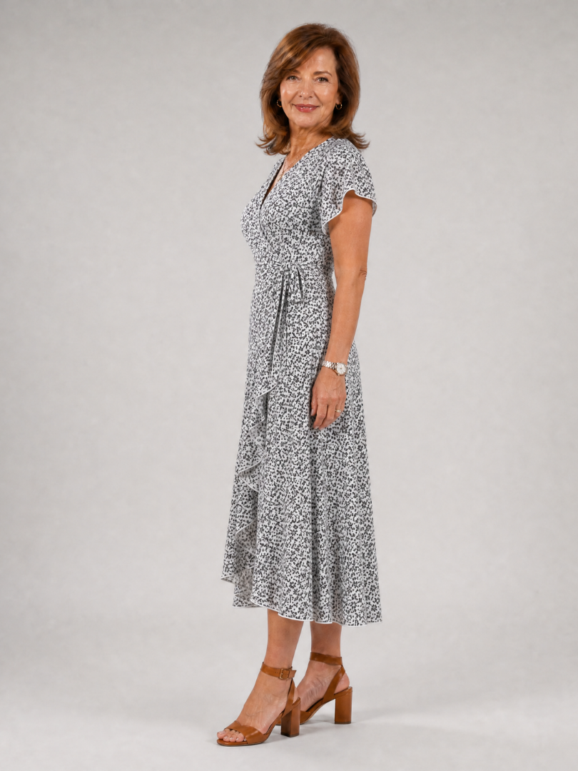 Émilie — Robe portefeuille fleurie à ourlet volanté