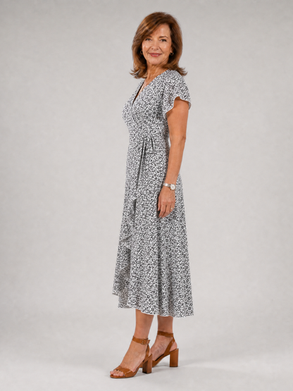 Émilie — Robe portefeuille fleurie à ourlet volanté