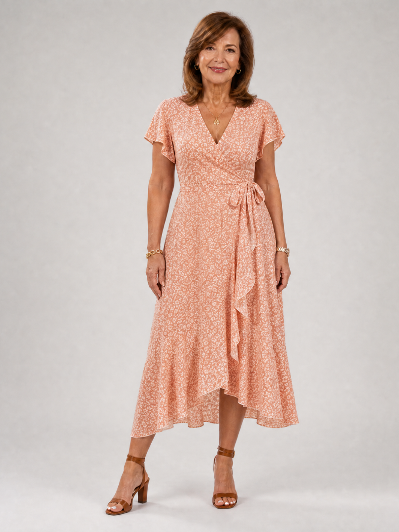 Émilie — Robe portefeuille fleurie à ourlet volanté, coloris Corail