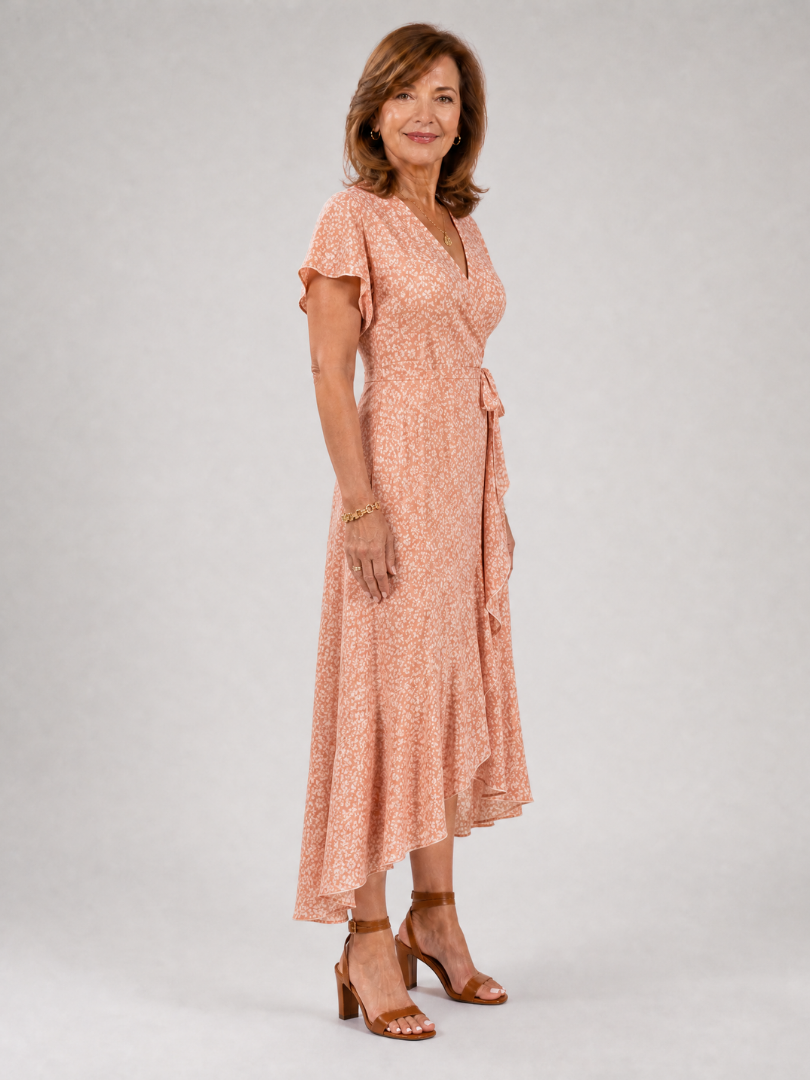 Émilie — Robe portefeuille fleurie à ourlet volanté
