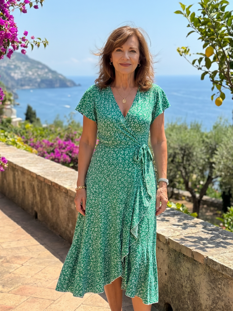 Émilie — Robe portefeuille fleurie à ourlet volanté