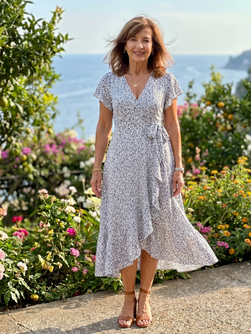 Émilie — Robe portefeuille fleurie à ourlet volanté