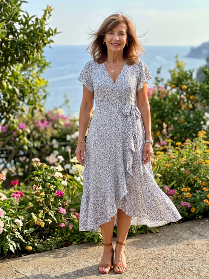 Émilie — Robe portefeuille fleurie à ourlet volanté