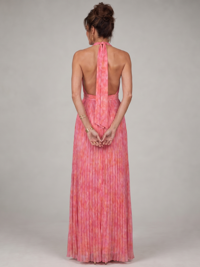 Mireille — Robe longue à col licou et jupe plissée