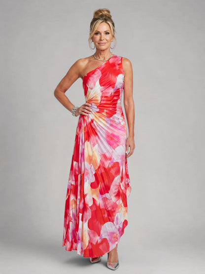Séraphie — Robe longue asymétrique plissée, coloris Corail fleuri