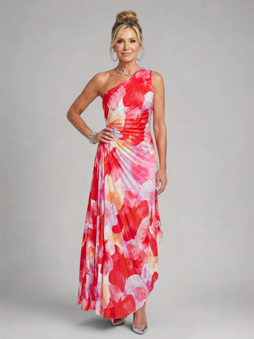 Séraphie — Robe longue asymétrique plissée, coloris Corail fleuri