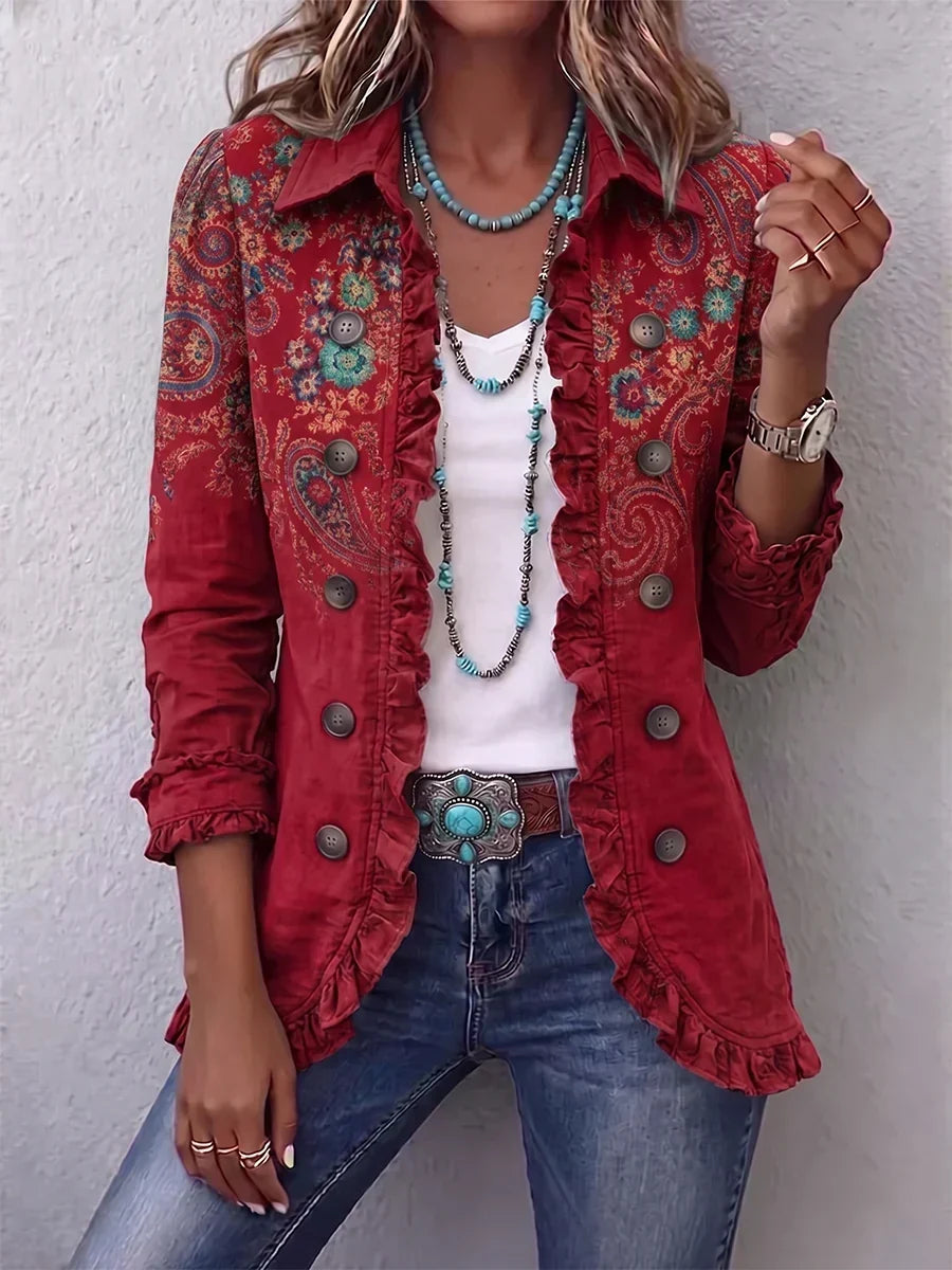 Fayrene | Veste volantée bohème à imprimé cachemire rouge