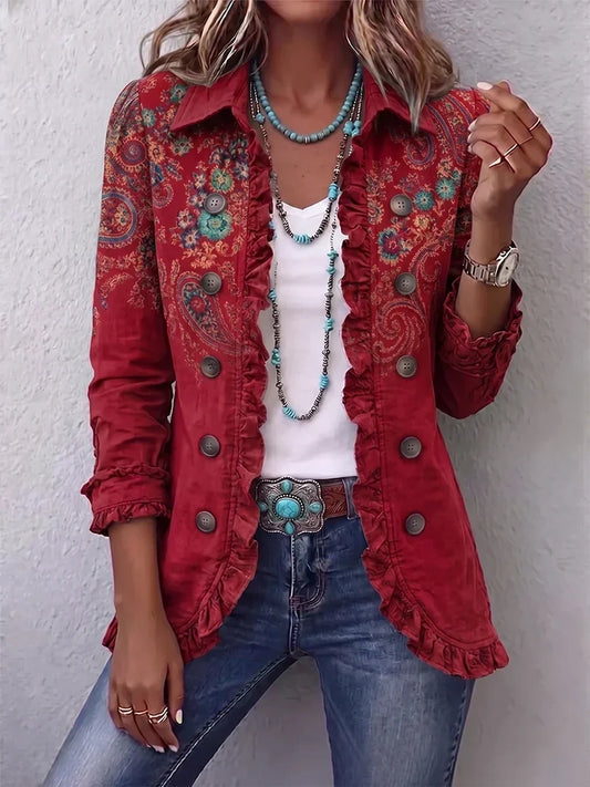 Fayrene | Veste volantée bohème à imprimé cachemire rouge