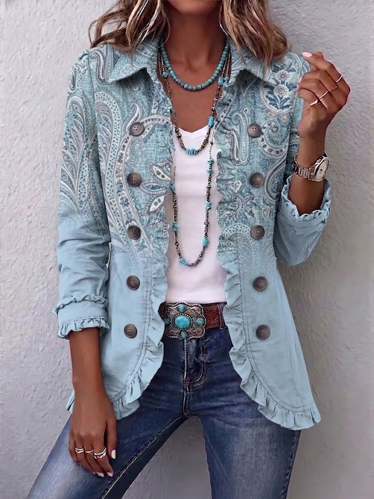 Estrella | Veste volantée vintage à imprimé cachemire bleu ciel