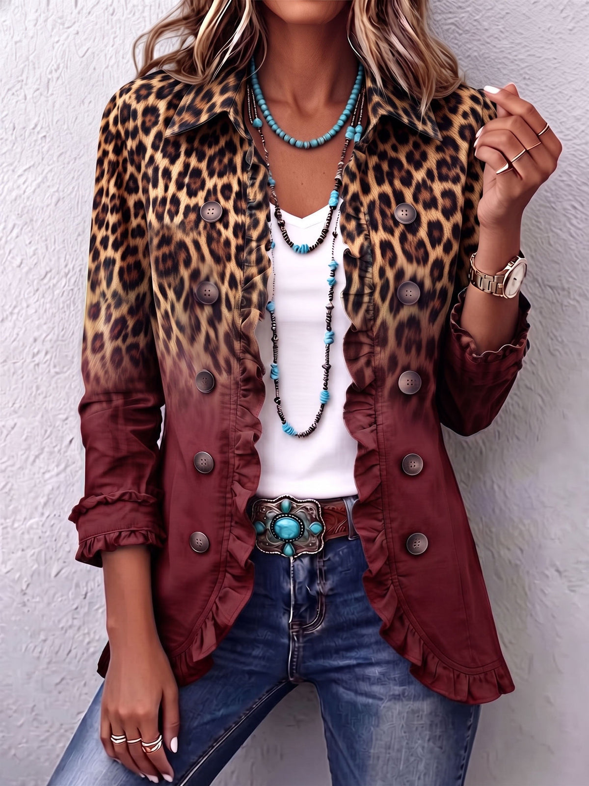 Talia | Blazer volanté léopard dégradé bordeaux