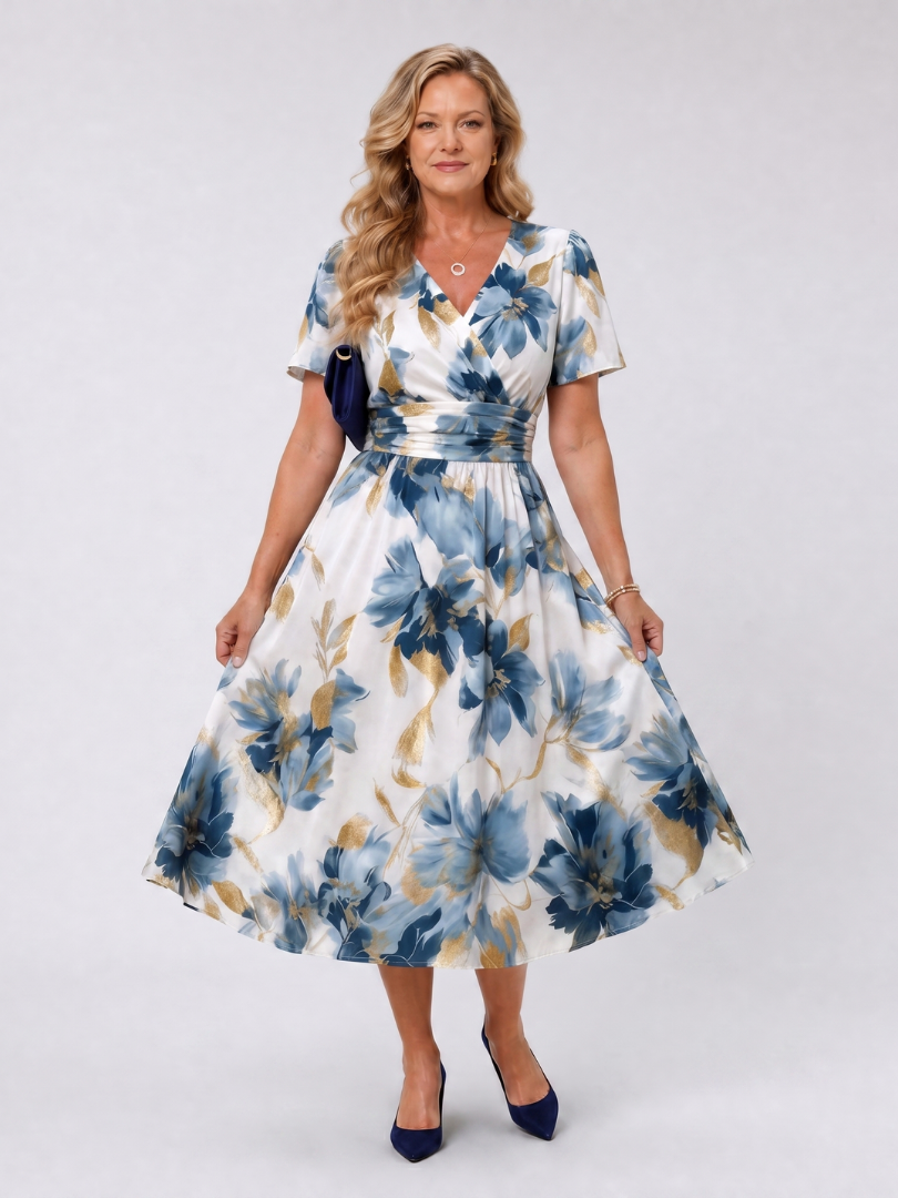 Adélaïde — Robe midi cache-cœur à ceinture froncée, coloris Écru à fleurs bleues