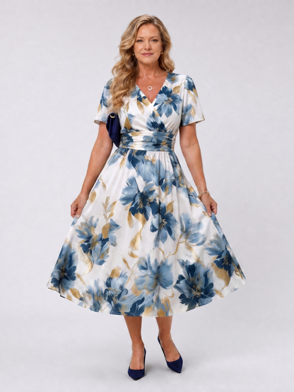 Adélaïde — Robe midi cache-cœur à ceinture froncée, coloris Écru à fleurs bleues