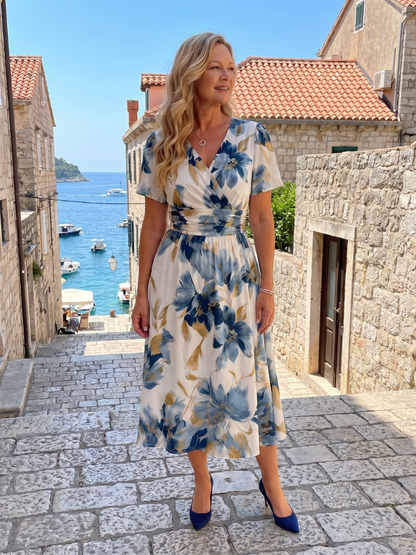 Adélaïde — Robe midi cache-cœur à ceinture froncée