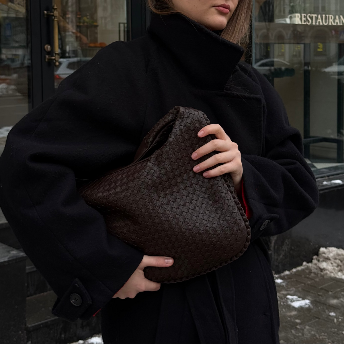 Sac porté épaule Cabas Tressé XL brun foncé vu de côté
