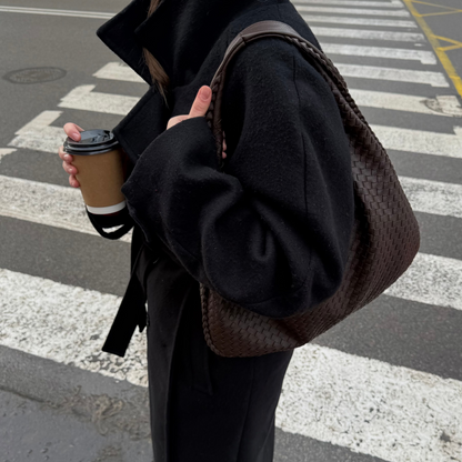 Sac porté épaule Cabas Tressé XL brun foncé, photo détail