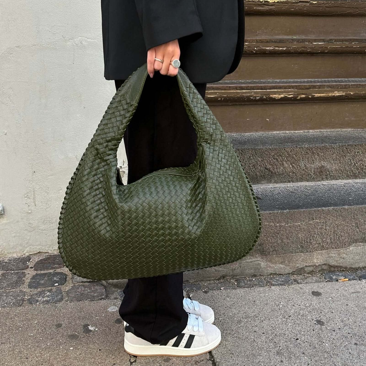 Sac porté épaule Cabas Tressé XL vert olive, photo détail