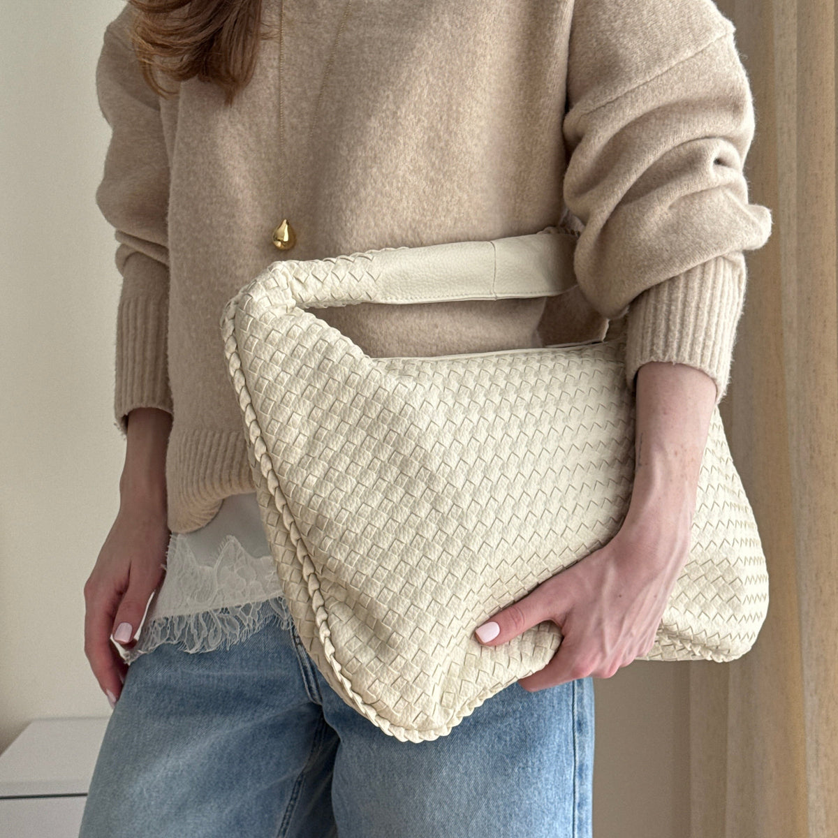 Sac porté épaule Cabas Tressé XL sable vu de côté